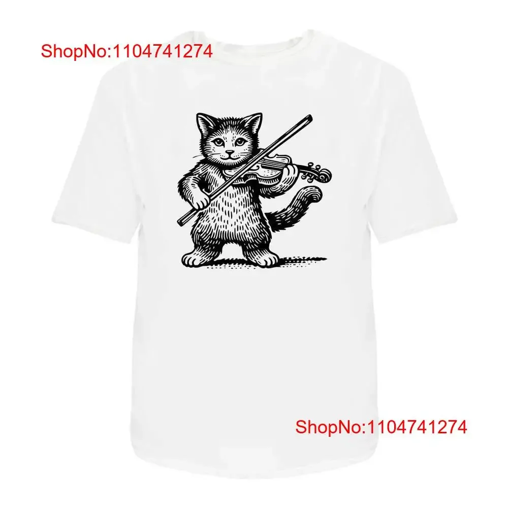 تي شيرت قطني "Cat Playing Fiddle" TA 051618   أزياء كلاسيكية مغسولة ومريحة، رسم ممتد للتنفس قليلاً