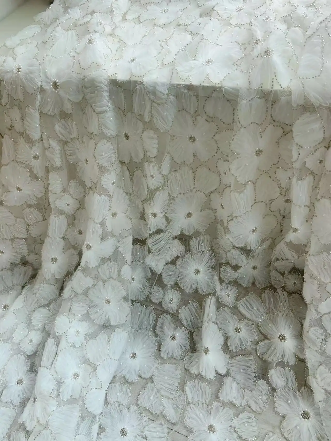 1 Yard Off White Beading Patch Lace Fabric with 3D Pearl Flowers Applique for Ball Gown,Wedding Dress,Couture,Party Clothes