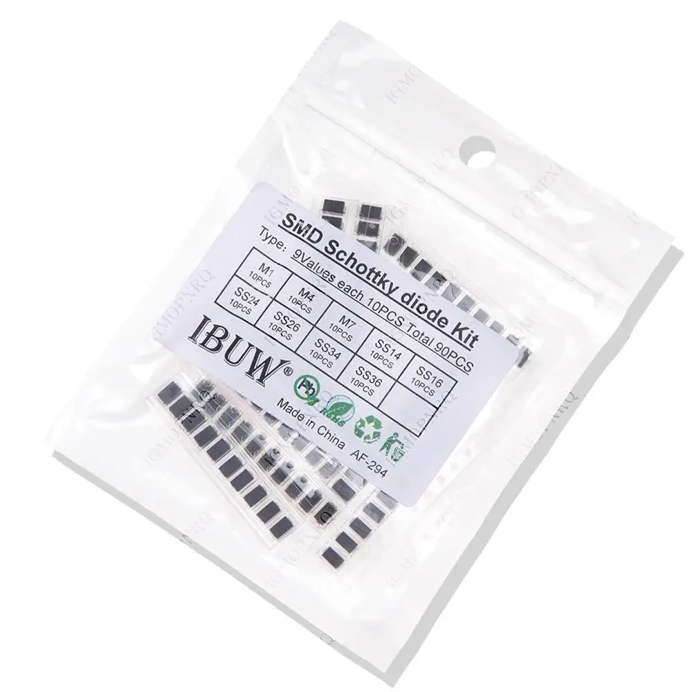 90pcs/lot 9values x 10pcs 1N4001 1N4004 1N4007 SS14 SS24 SS34 SS16 SS26 SS36 SMD schottky diode assort kit igmopnrq