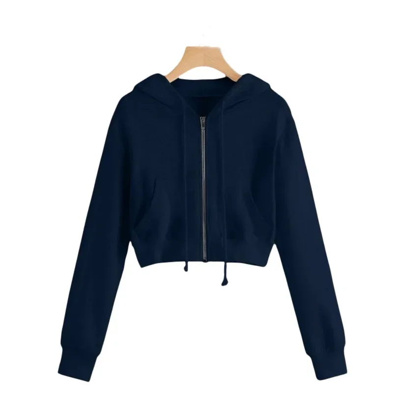 Long Sleeve Pocket Jacket Hoody Cotton Coats Sexy Zip-up Drawstring Sweatshirt Crop Top Hoodie Woman