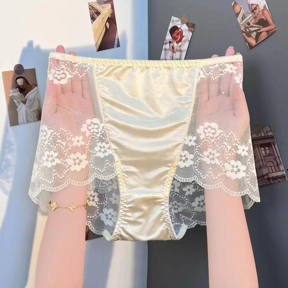  Lace plus Size High Waist Briefs Women's Underwear Breathable Mesh Flat Angle Panties Sexy mid Waist Nylon Fabric