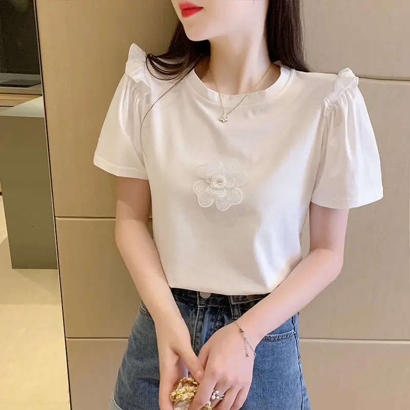 Women Korean Style Ruffle 3D Fllower Sweet Y2K Cotton T Shirt Summer Casual Chic Short Sleeve Solid Tops Ropa De Mujer Camisetas