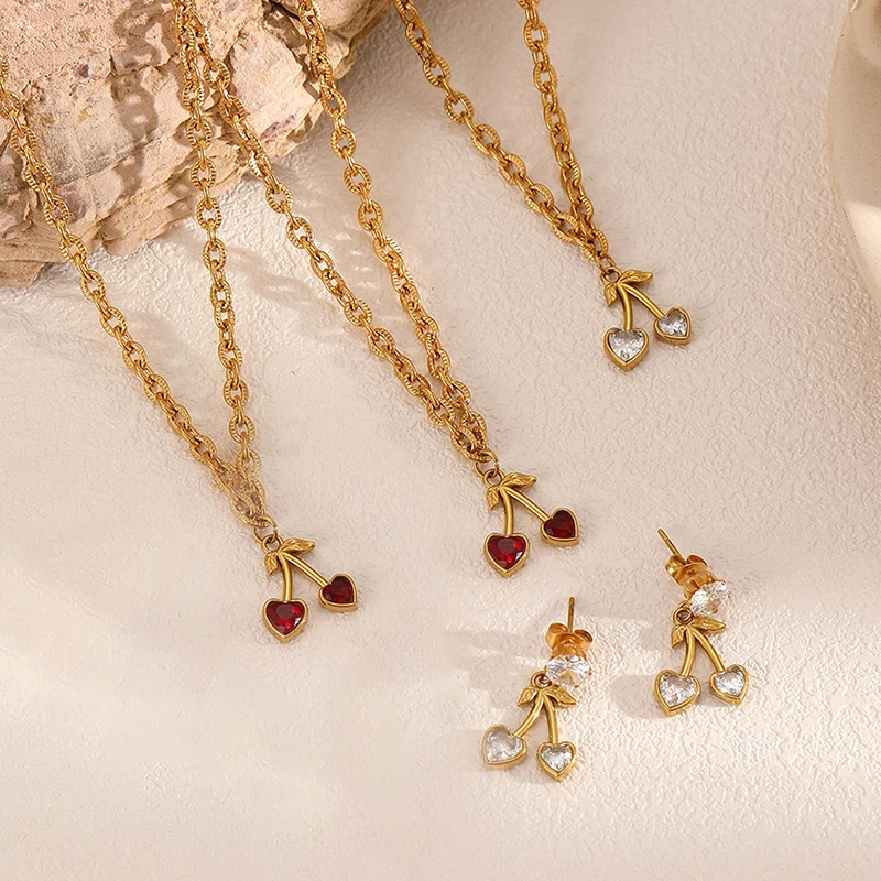 EILIECK 316L Edelstahl Herzförmige Kirsch-Zirkon Halskette Ohrringe Set für Damen Neuer Trendiger Wasserdichter Schmuck Damengeschenk – Detail 8