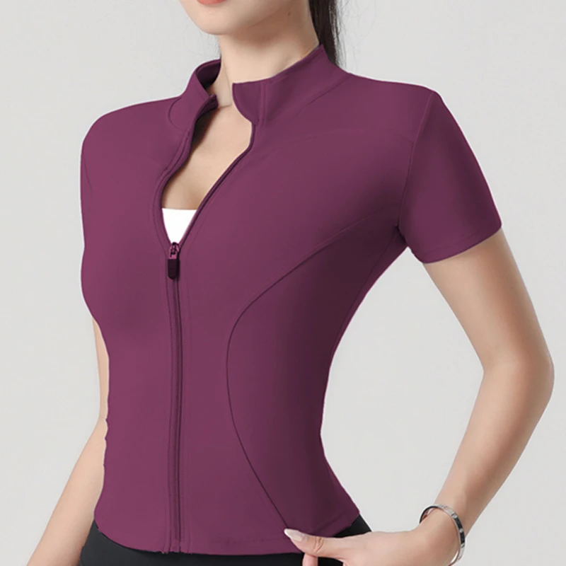 Woman yoga Jacket High Elastic Yoga Short Sleeve Coat Stand Collar Tight Sports Coat Naked Fitness Short Sleeve Female image 2