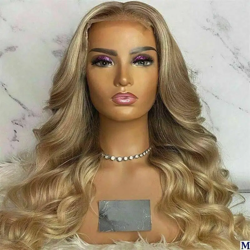 28 Inch Long Body Wave Wig Women's Wig Ombre Golden Blonde Balayage Synthetic HD Lace Front Wig for Daily Party Cosplay Used