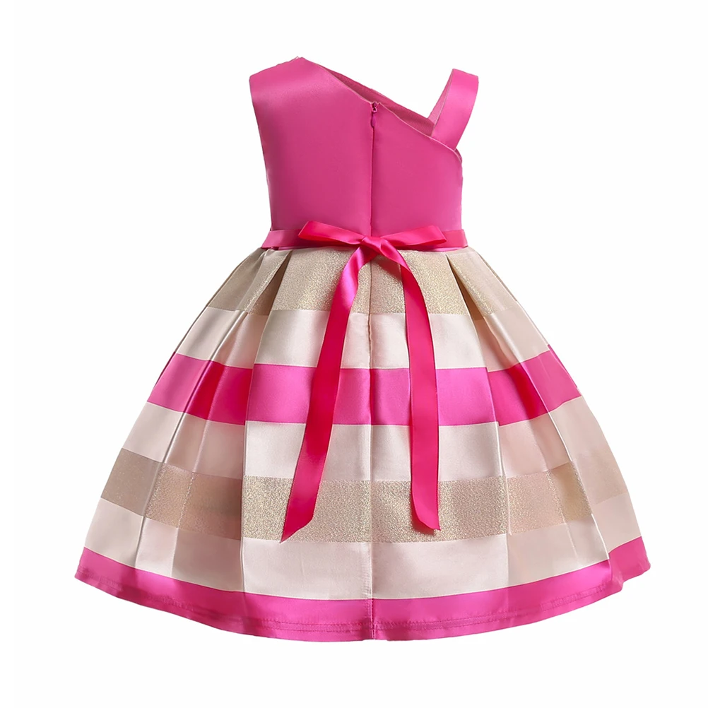 

One-piece Princess Age 3-8 Horizontal Stripe Dress Soft Cotton Polyeter Rosy Stripe Child Dress One-shoulder Child Dresses