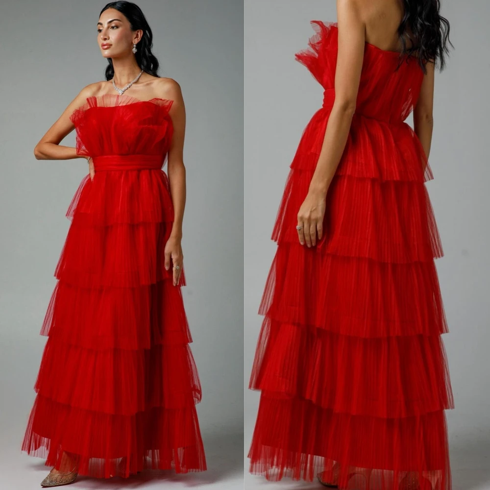 Customized  Evening Prom   Tulle Draped Tiered Christmas A-line Strapless Bespoke Occasion Gown Midi es