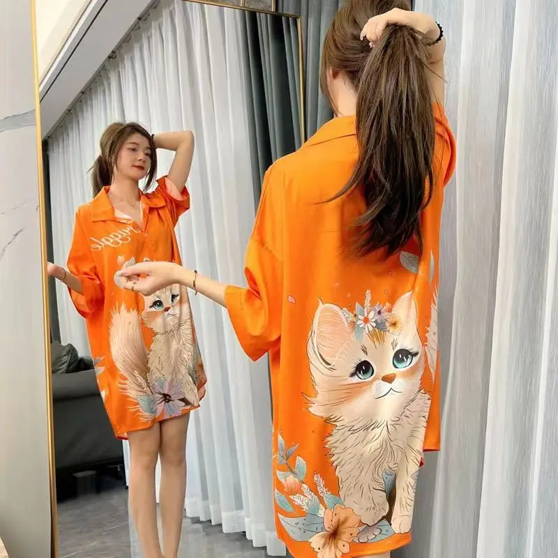 Cartoon cat print Ice silk nightdress women's summer thin short sleeve loose shirt shorts pajamas women's two sets of home wear