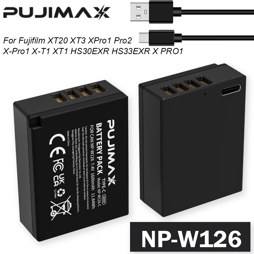 PUJIMAX NP-W126 NP-W126S NP W126 Battery with USB-C Charging for Fujifilm XT30II XM5 X100VI X100V XS10 XT30 XT20 XE4 A5 Cameras