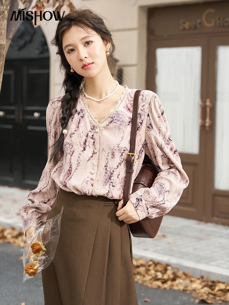 MISHOW French Lace Patchwork V Neck Shirt for Women 2024 Autumn Long Sleeve Floral Print Blouse Cute Office Lady Tops MXC51X1308