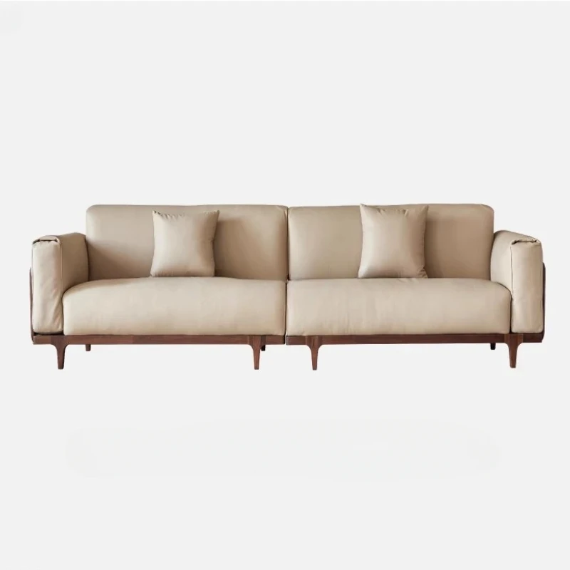 

North American black walnut sofa leather living room straight row sofa solid wood light luxury four people