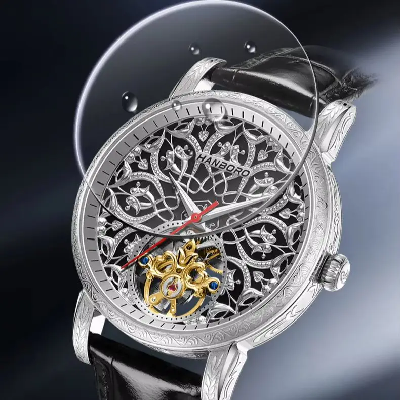 

HANBORO Мужские автоматические часы 42 мм Модные механические наручные часы Светящиеся 50 м Водонепроницаемые сапфировые резные скелетонизированные цветочные циферблаты