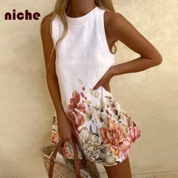 Ladies Sleeveless Beach Skirt High Quality Cotton And Linen Elegant Flower Graphic Printing Trend New Soft Waist Dress