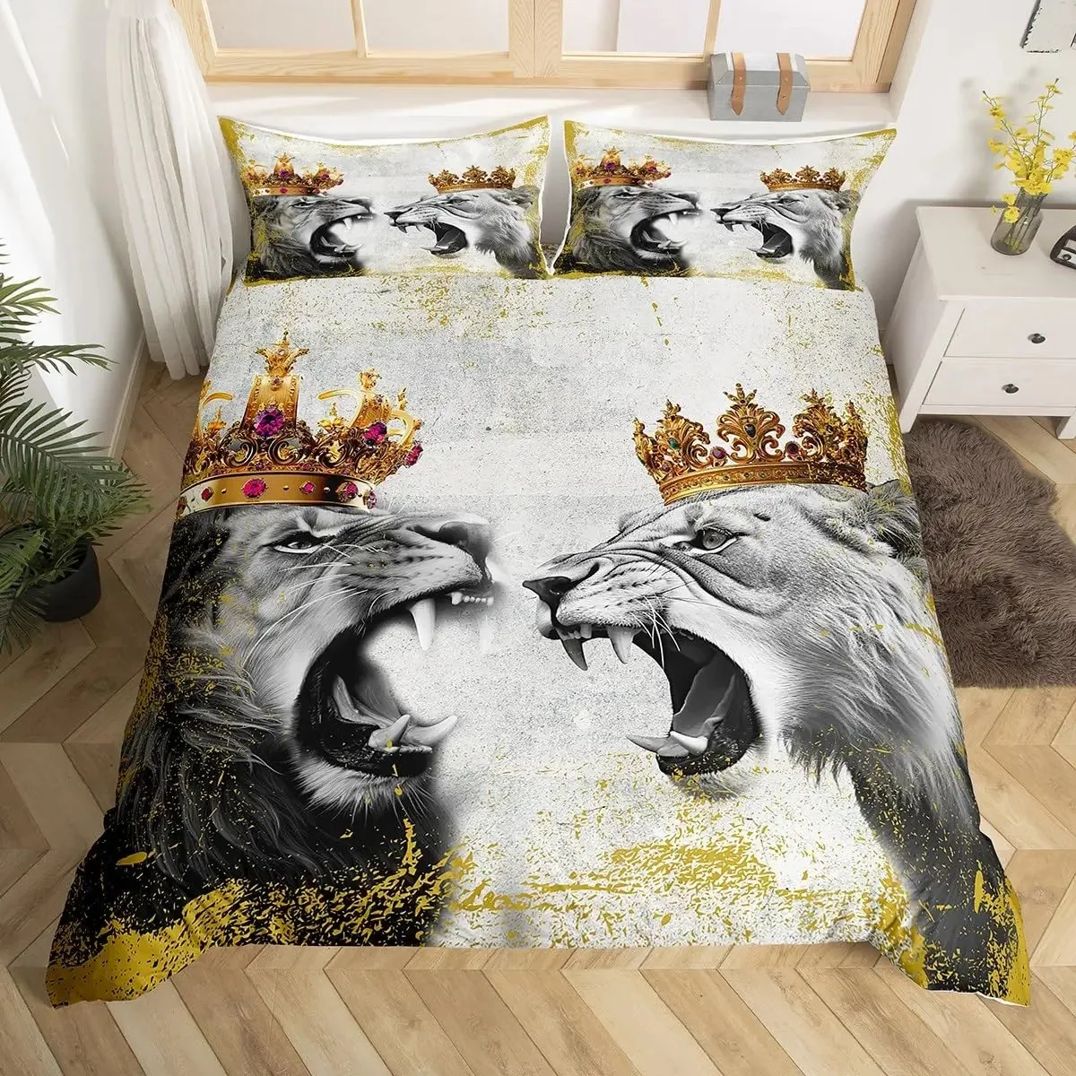 Lion Duvet Cover Set King Queen Hand Drawn Animal Bedding Set Graffiti Abstract Art Quilt Cover Wildlife Vintage Comforter Cover