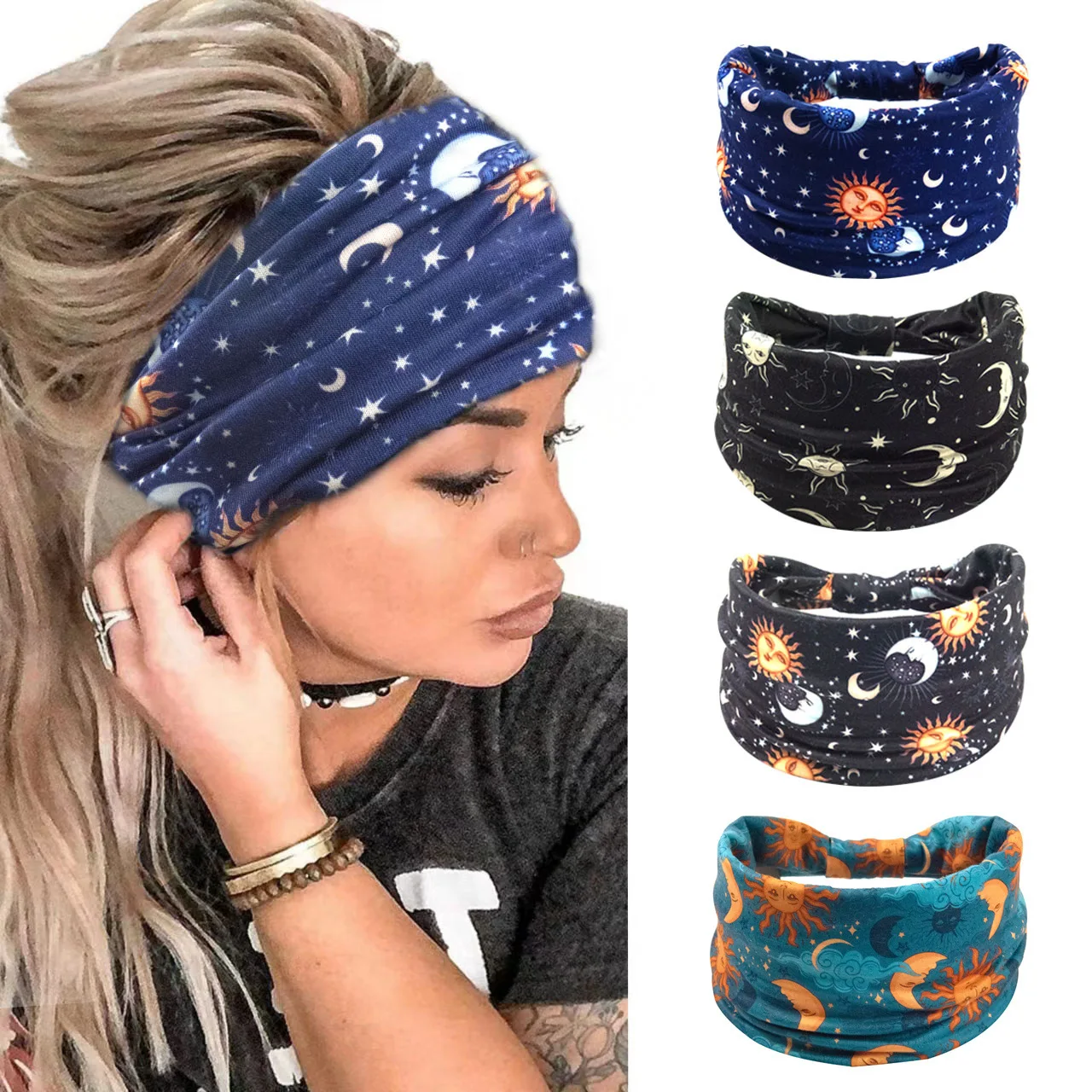 Women Headbands Stars Moon Wide Knotted Headband Non Slip Wraps Elastic Yoga Turban Fashion Hair Band Hair Wrap Hair Accessories