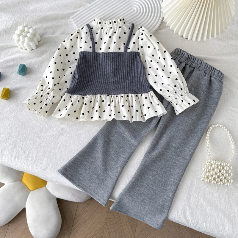 Girls' Suit Autumn New Item Girls' Korean Version Fake Two-piece Polka Dot Top+casual Flared Pants Two-piece Set