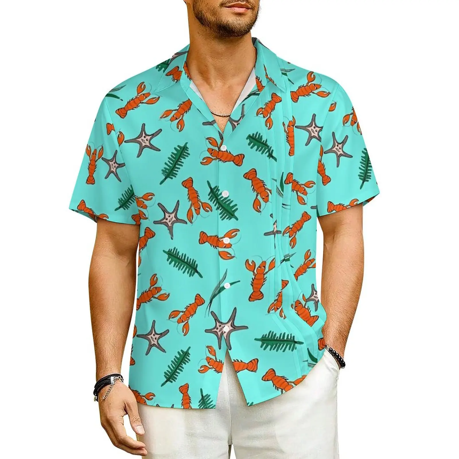 

Funny Lobsters Beach Shirt Sea Star Print Hawaii Casual Shirts Men Elegant Blouses Short Sleeve Streetwear Custom Clothes