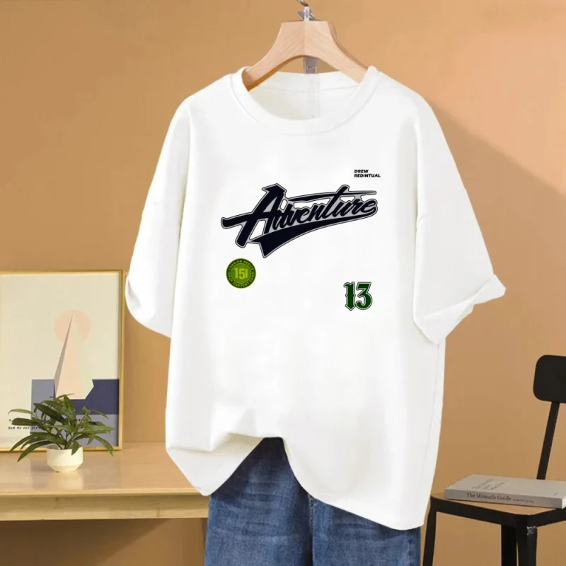 

Women's Loose Cotton Printed Short Sleeved Top Adventure Letter Print 151 Print Suitable for Spring and Summer