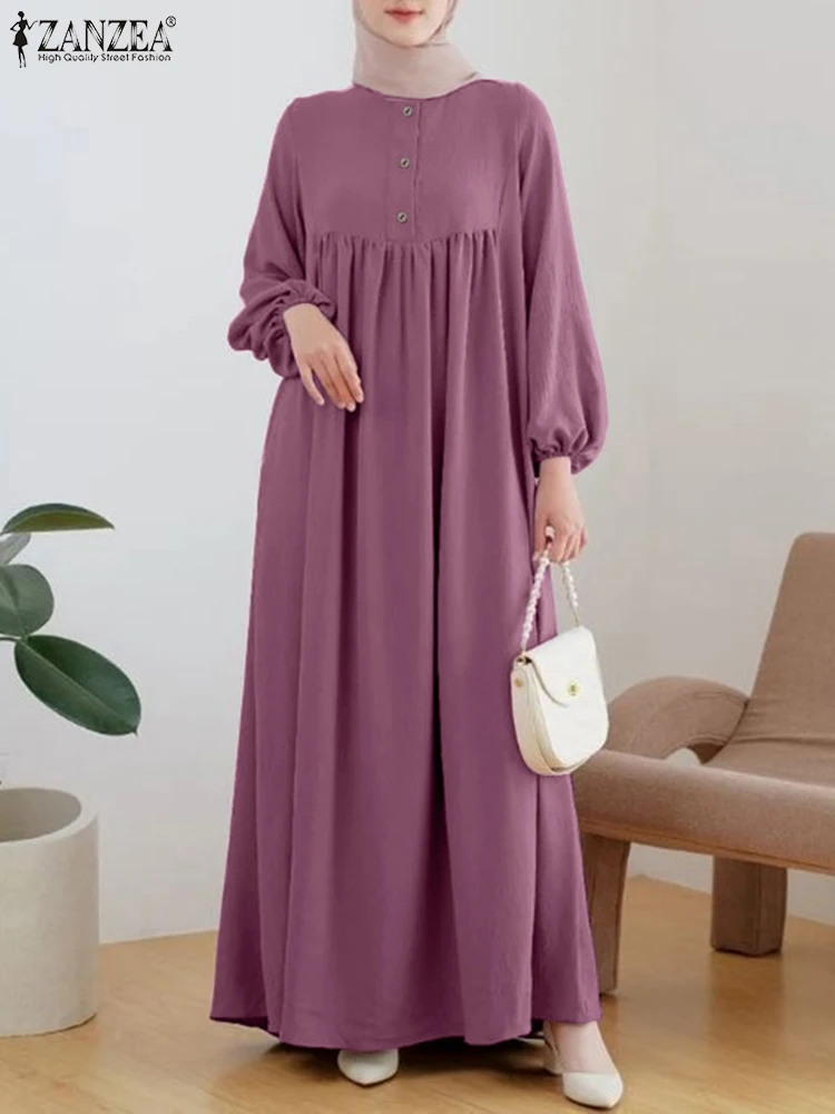 

ZANZEA Autumn Fashion Muslim Dress Puff Sleeve O-Neck Maxi Sundress Casual Turkey Hijab Vestidos Elegant Party Solid Robe 2023