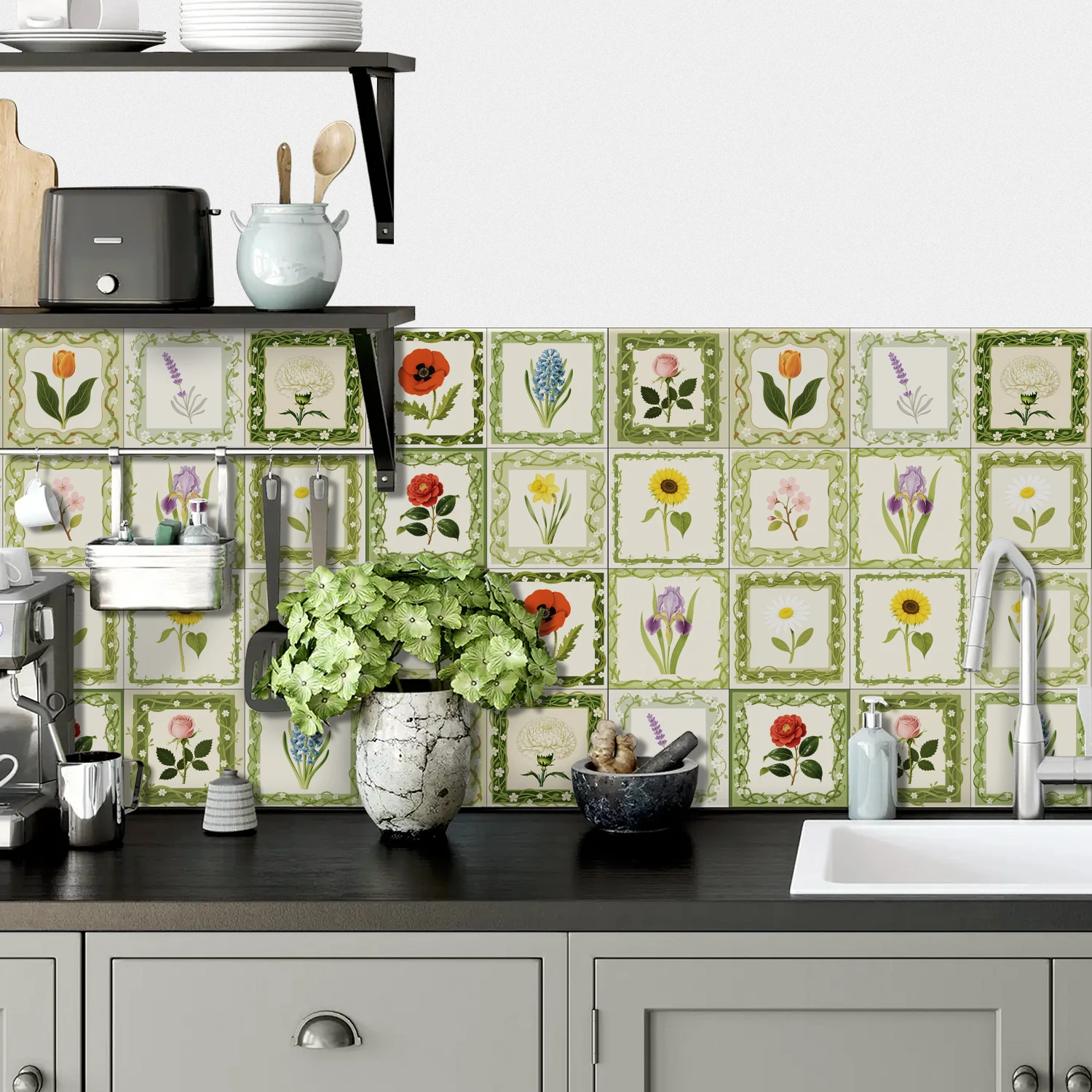24-Piece Floral Wall Sticker Set, Suitable for Kitchens and Bathrooms, Removable and Waterproof, 3.94/5.91/7.87 Inches.