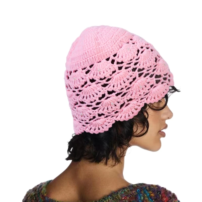 Winter Adult Knitted Hat with Pearl Decor Hollow out Hat Winter Hat for Cycling Dropship