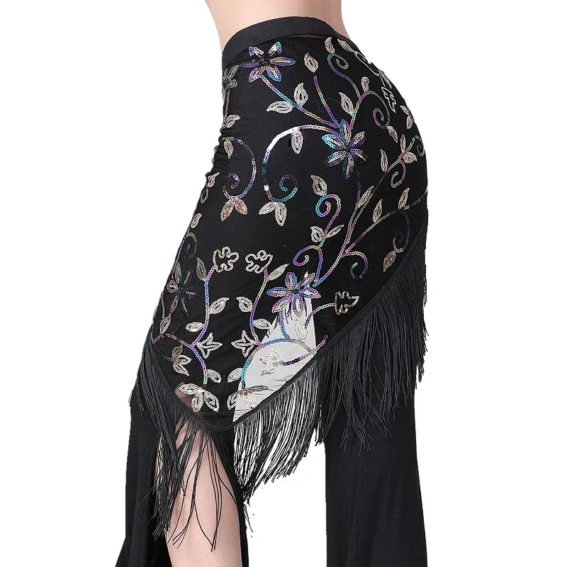 Class Wear Belly Dance Clothes Black Mesh Base Long Fringes Triangle Sequins Belt Bellydannce Hip Scarf for Gilrs