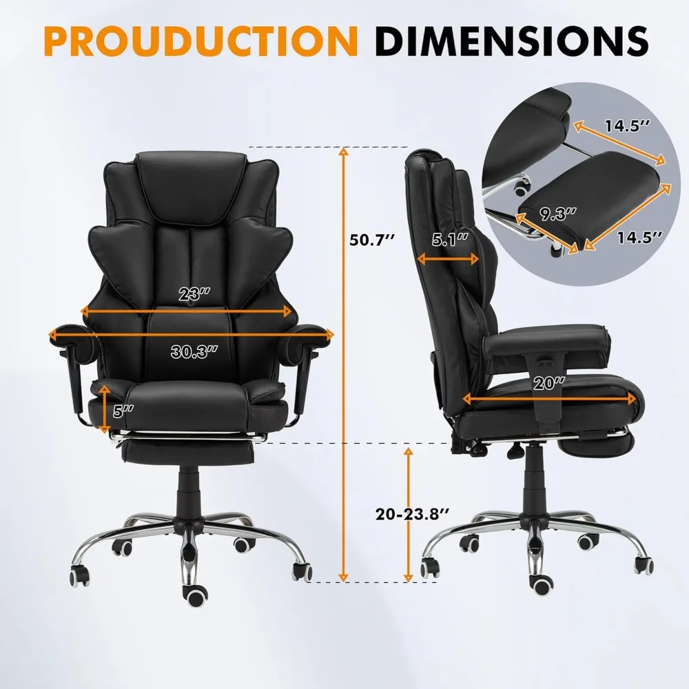 Ergonomic Home Office Desk Chair with Retractable Footrest and Reclining Function,Leather Computer Chair with Adjustable Armrest