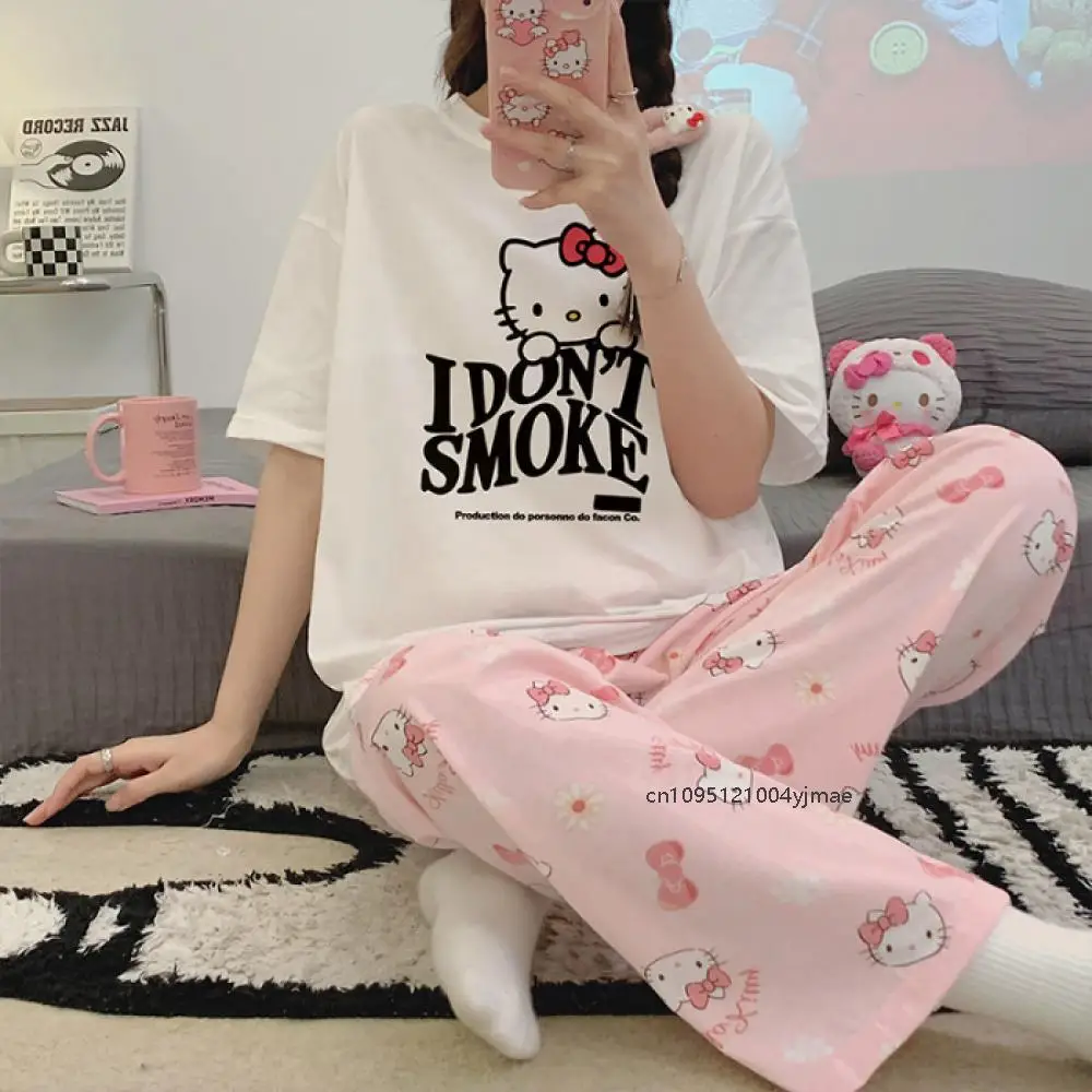 Summer 2Pcs Hello Kitty Cinnamoroll Woman Pajamas Kawaii Anime Sanrio Cartoon Loose Casual Pajamas Girl Short Sleeve Home Wear