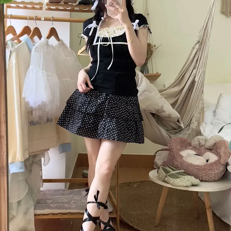 roupas-femininas-estilo-ballet-puloveres-com-laco-moda-com-aplicacoes-de-renda-novo-verao-camisetas-basicas-de-gola-quadrada-e-manga-curta