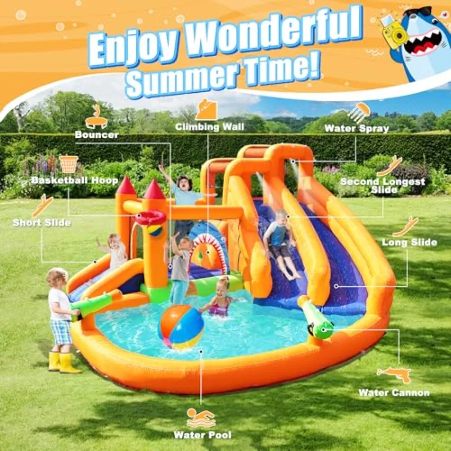 10-in-1 inflatable water bounce house for outdoor play, PVC material, blue and yellow, includes blower and full accessories for