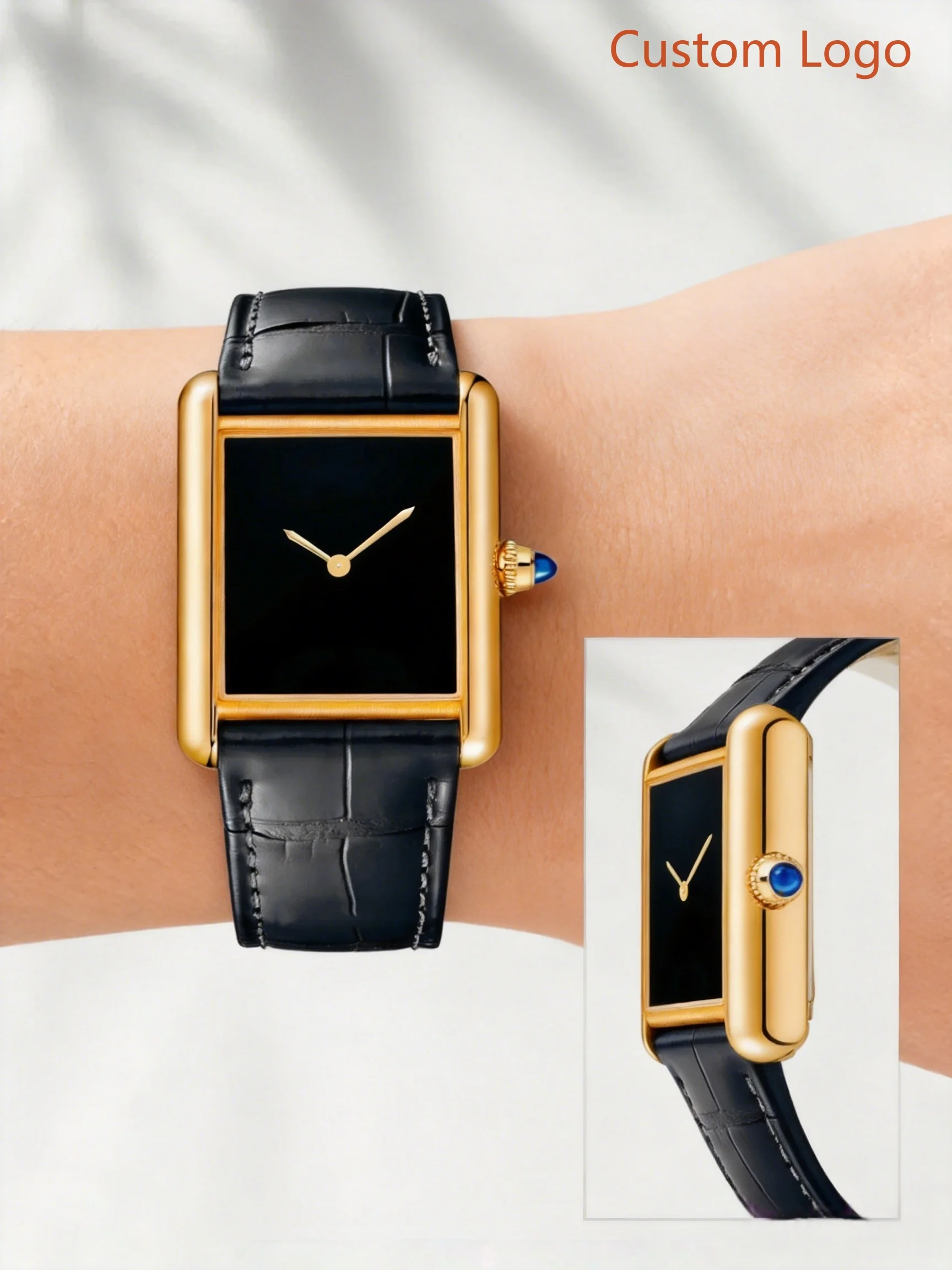 Image of Klassische Quadratische Luxus-Armbanduhr Poliertes Gelbgold-Gehäuse Ohne Indexe Einfaches Zifferblatt Saphir-Dekor Business Individualisierte Uhren