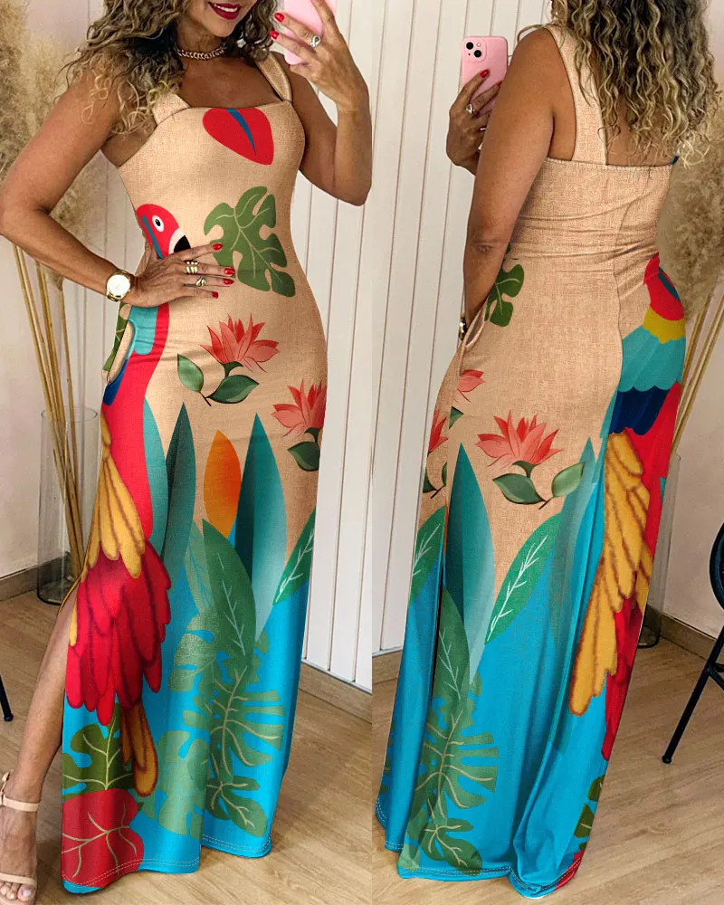 

Women's Beach Dress 2025 Spring Summer Latest Floral Print Thick Strap Slit Maxi Dress Casual Slim Fit Vacation Long Skirt