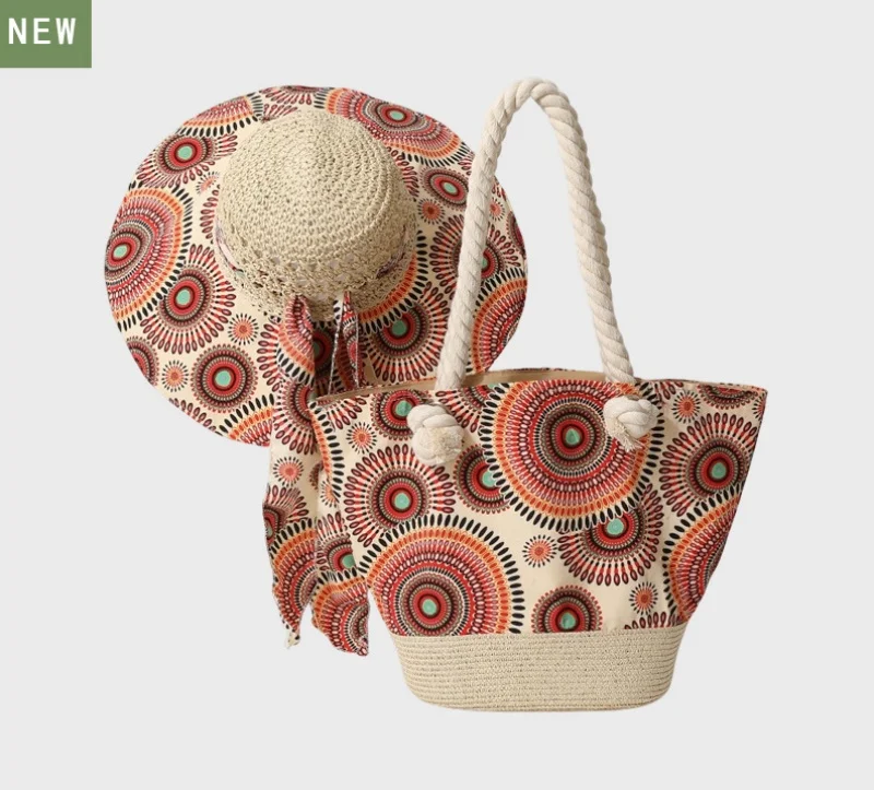 

Beach Holiday Style Fashion Set: Foldable Wide-Brimmed Straw Sun Hat and Large Capacity Tote Bag