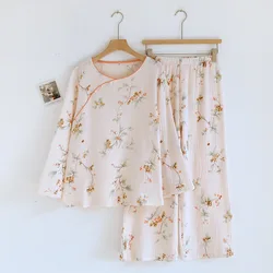 2026 Spring and Autumn New Women's Cartoon Pajama Set 100% Cotton Crepe Chinese Long Sleeve Long Pants Two Piece Set Ladies