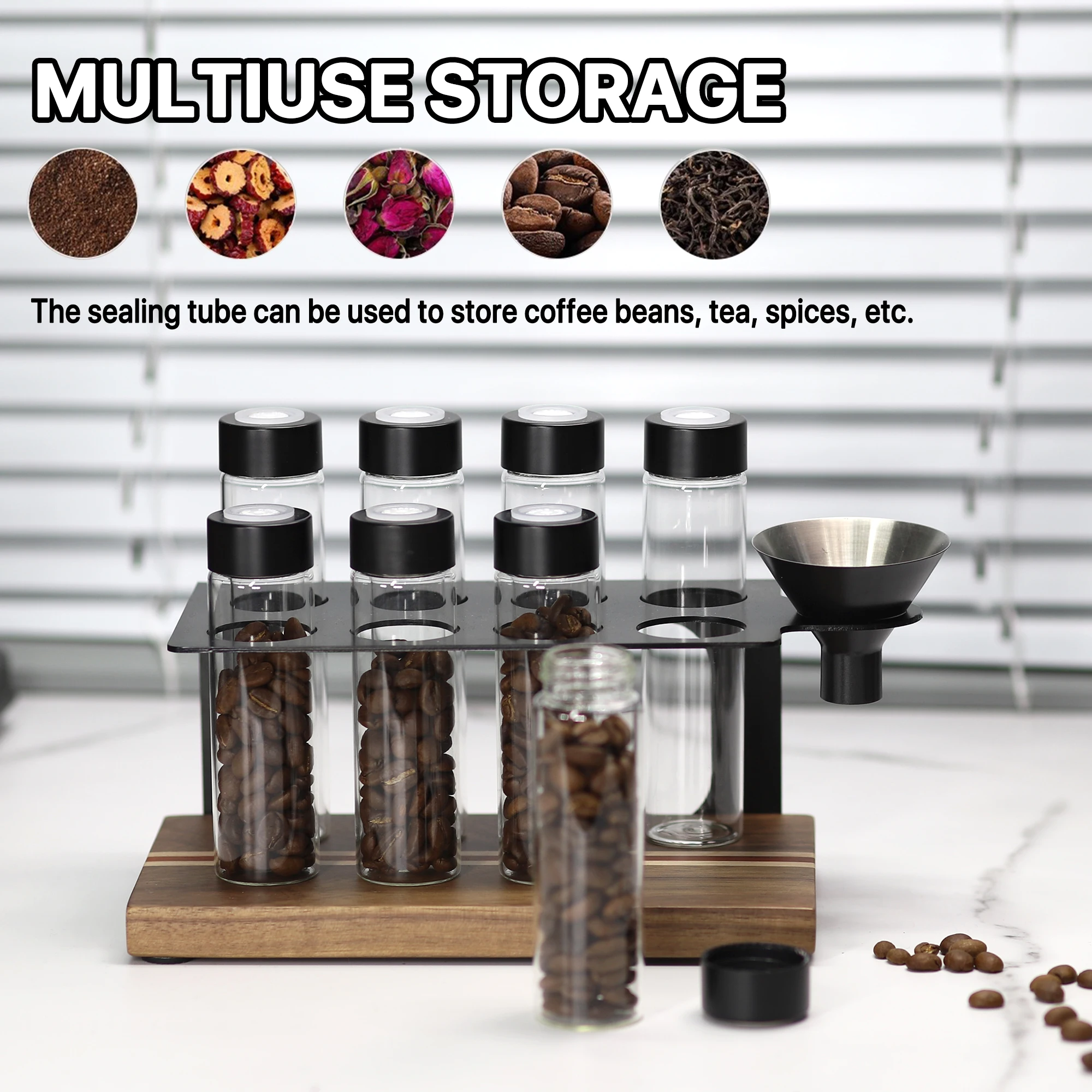 Coffee Beans Storage Container Display Rack Walnut Tea Tube Bottle Glass Espresso Coffee Accessories Tool Barista Coffeware Sets
