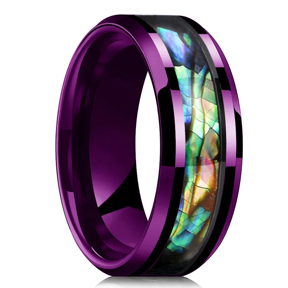 Fashion Purple Color Men Titanium Steel Rings Inlay Colorful Abalone Shell Stainless Steel Rings For Men Wedding Band Jewelry