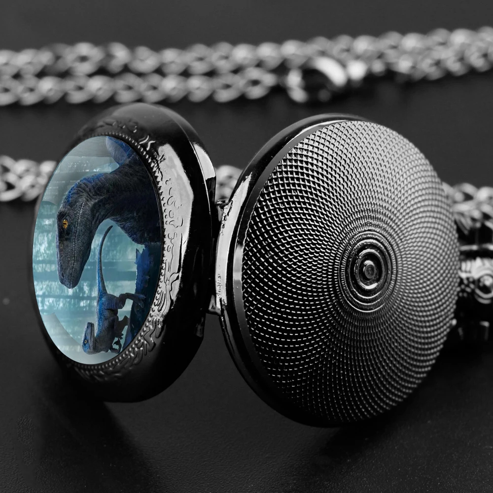 Prehistoric Dino Park Glass Cover Quartz Pocket Watch With Heavy-Duty Chain Arabic Numeral Display Great Halloween Presents