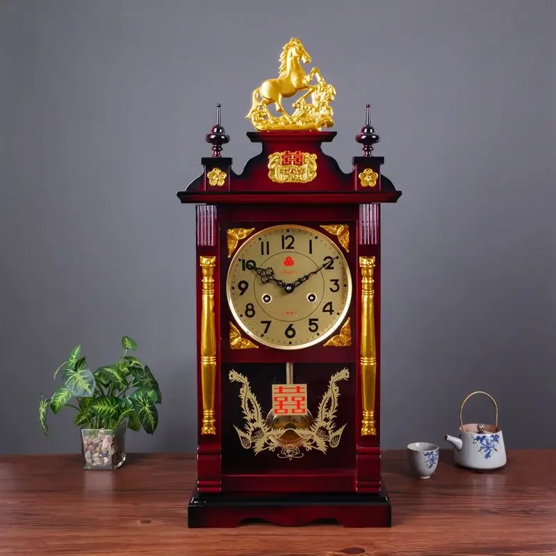 Mechanical table clock old-fashioned winding chain pure copper movement table  solid wood timekeeping mechanical hanging clock