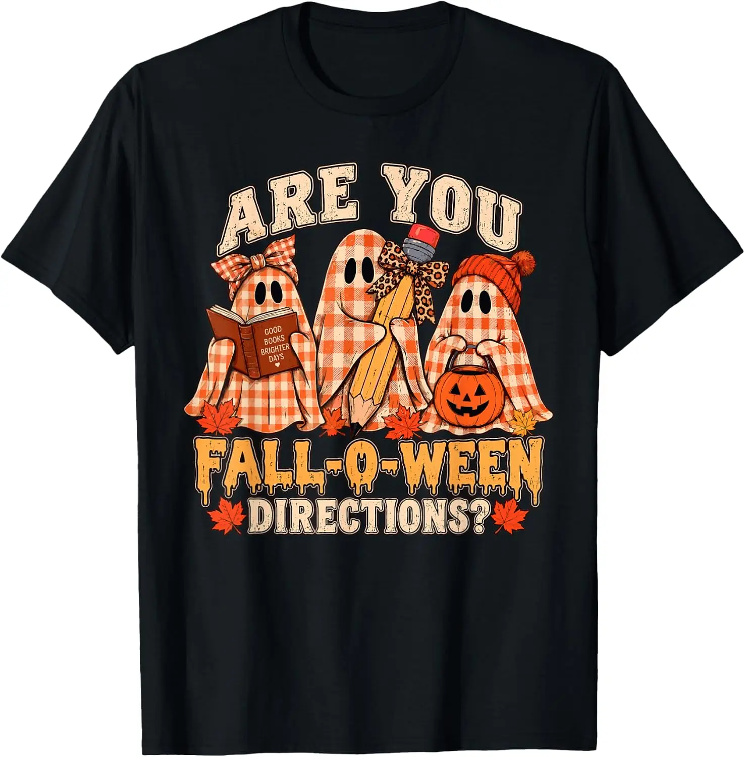 Are You Fall O Ween Directions Funny Halloween Teacher Ghost T-Shirt Men Vintage Street Style Graphic Tee Casual Short Sleeve Daily T-Shirt. Y2k Aesthetic, Retro Graphic Print, Hand Drawn Pattern, Fashion Streetwear, Soft Fabric, Daily Wear