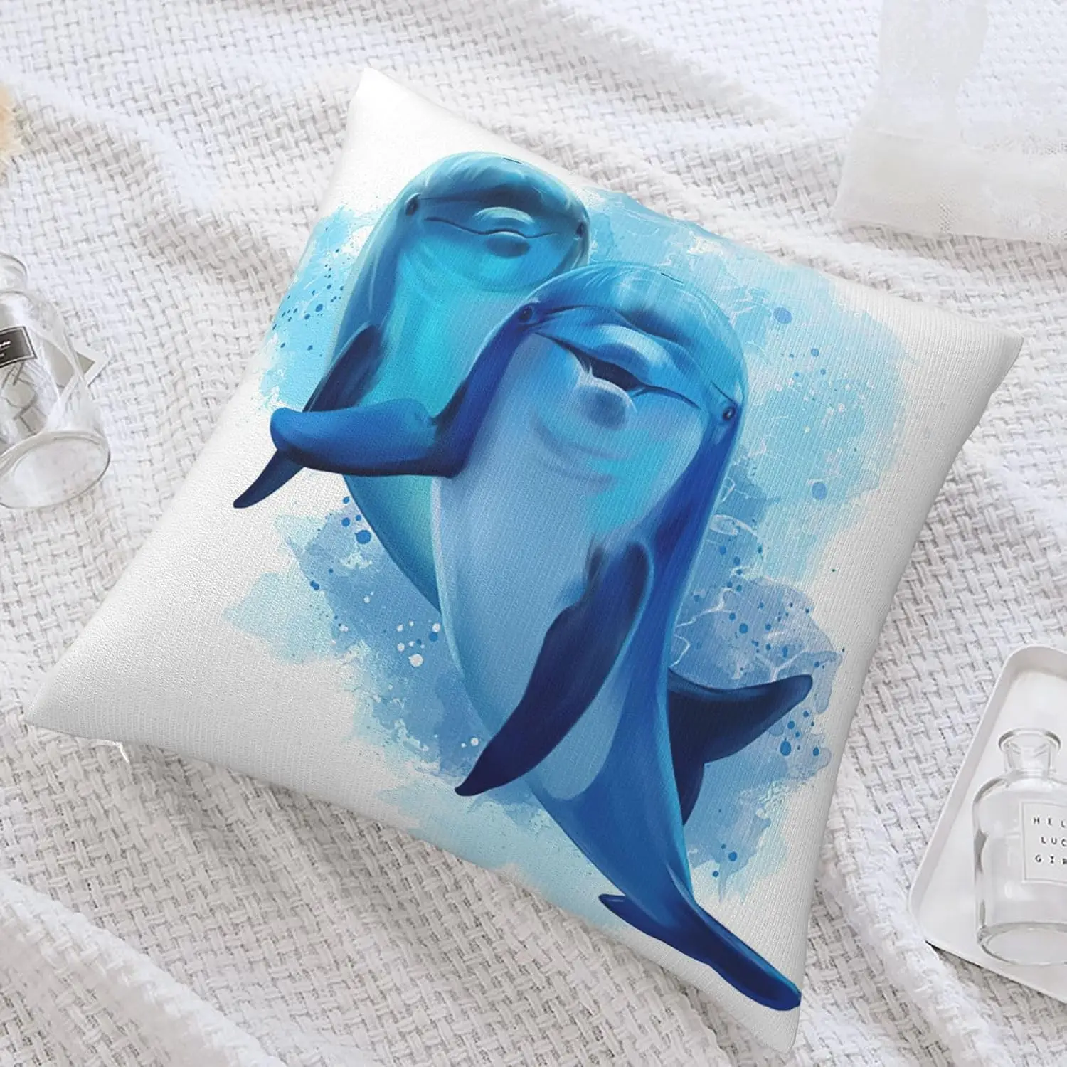 Watercolor Dolphins Decorative Throw Pillow Cover, Ocean Animal Jumping Blue Dolphin Double-Sided Pillow Case Couch Pillow Cushi