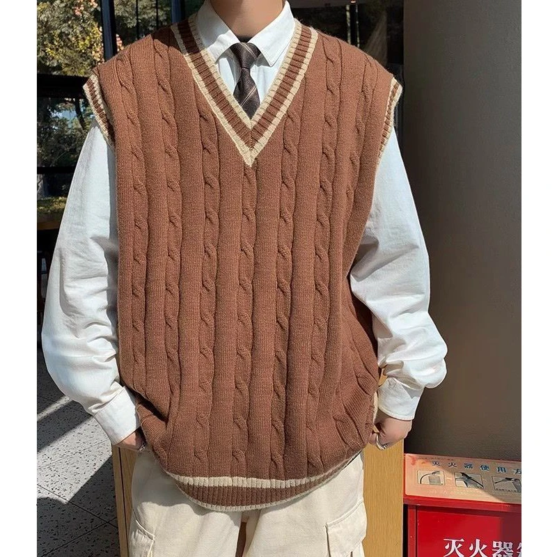 

Men Trendy American Vintage JK Preppy Style Oversized Knitted Sweater Vest Y2K Streetwear V Neck Sleeveless All Match Waistcoat