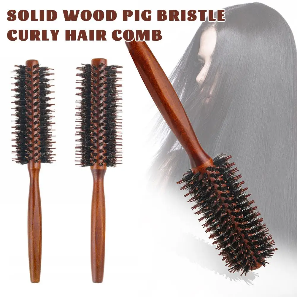 Natural Boar Bristle Rolling Brush For Curly Hair Solid Wood Curly Hair Comb Round Barrel Blowing Curly Hairbrush Tools 1pc Q8t9