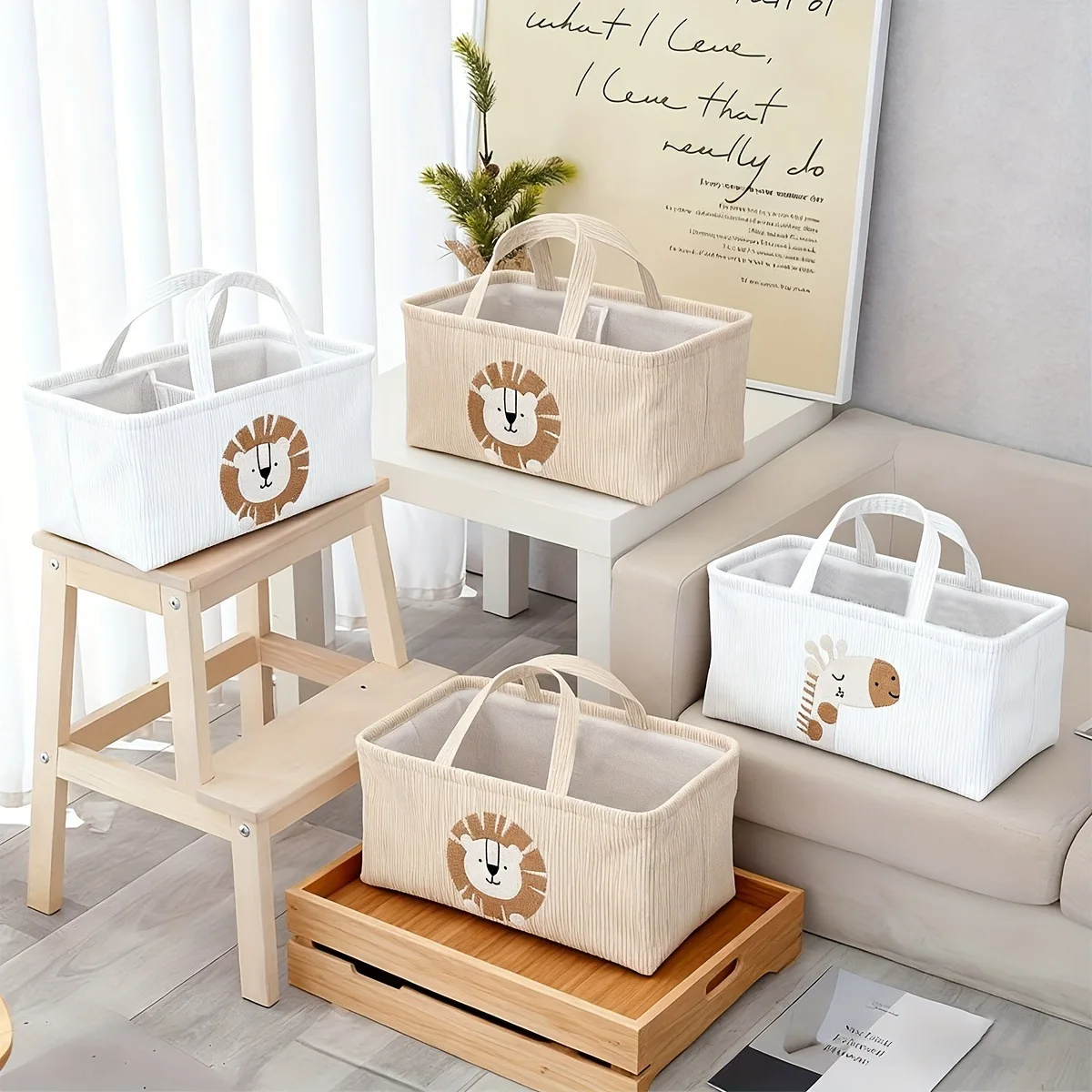 Cute Lion Diaper Caddy Foldable Fabric Storage Basket with Handles Nursery Toy Organizer for Baby Essentials