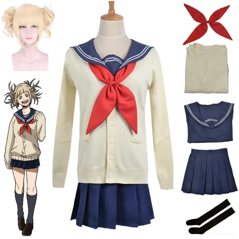 Anime My Hero Academia Himiko Toga Cosplay Costume JK Uniform Skirts Sweater Coat Wig High School Girls Dress Haiioween Party
