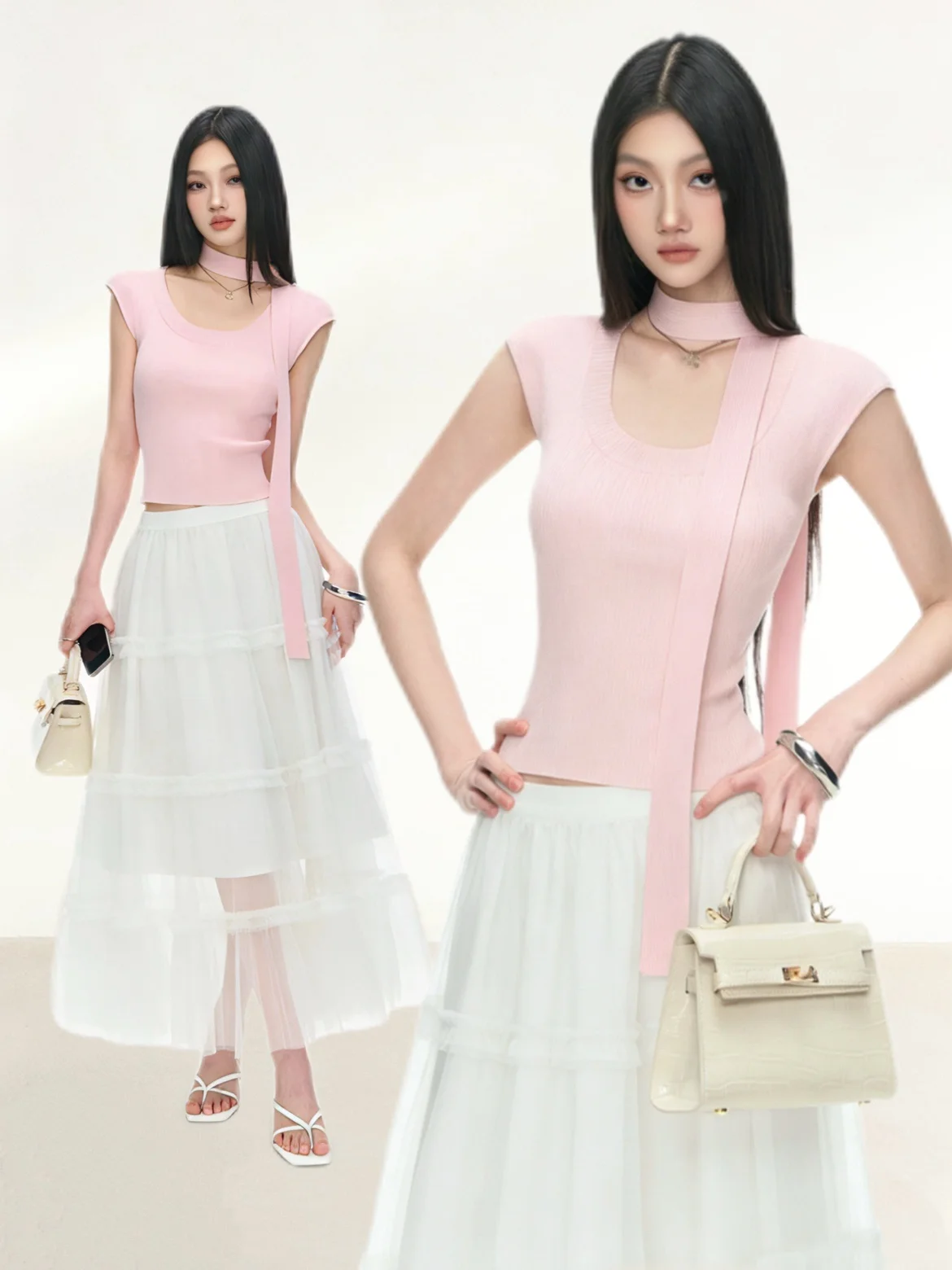 

Комплект: укороченный топ в стиле Pure Desire и многослойная сетчатая длинная юбка с поясом. Универсальный корейский модный летний образ.