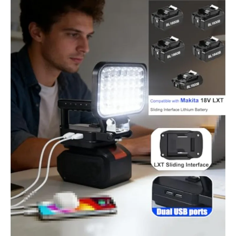 Wireless Construction Site Floodlight Portable LED Work Light for Makita 18V Li-ion Battery for Outdoor Camping with 2 USB Ports