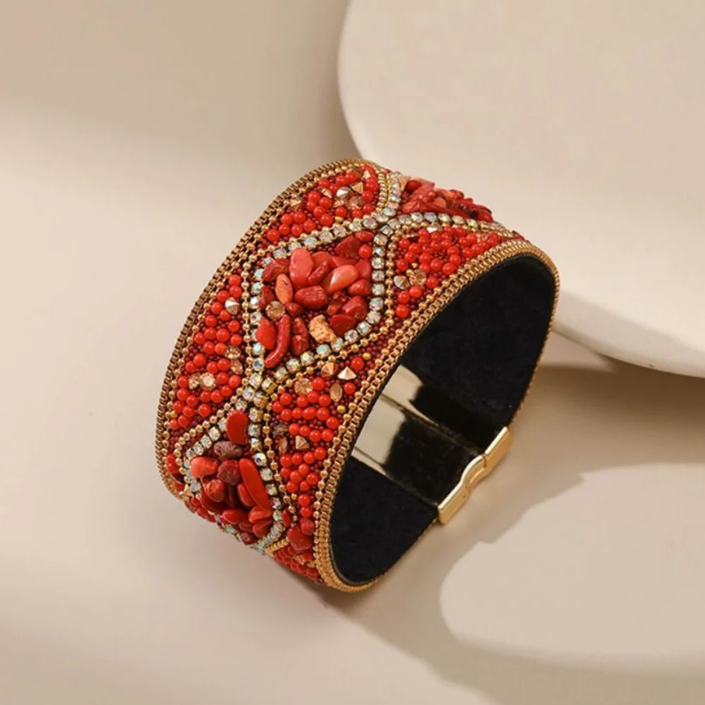 Ethnic Style Magnetic Clasp Bracelet Retro Bohemian Rhinestone Women's Bracelet Flower Pattern Magnetic Closure