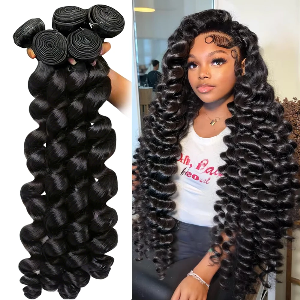 

30 Inch Loose Wave Bundles 14A Raw Indian Hair Weave Bundles 3 4 PCS Loose Deep Wave Curly Human Hair Extensions Natural Black