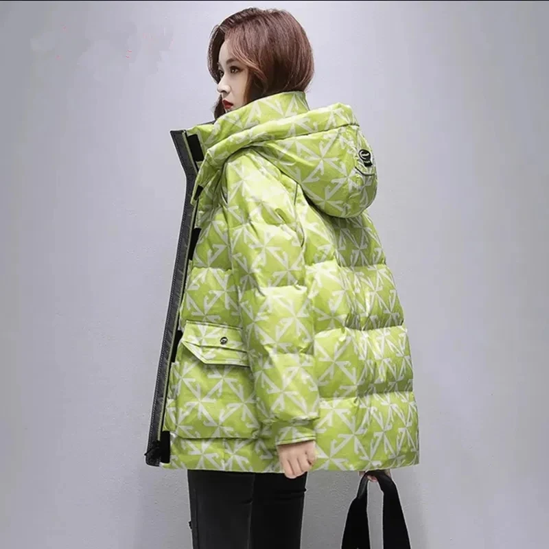 Winter Jacket Womens Warm Parkas 2024 New Medium Length Don Cotton Coat Female Hooded Printing Thicken Womens Jackets