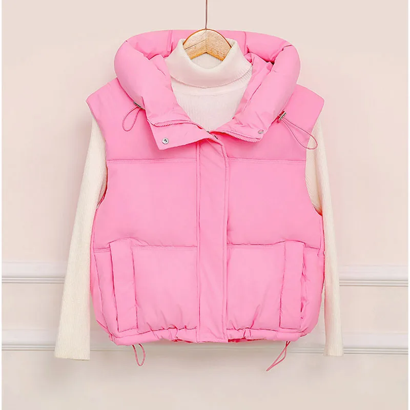 

Autumn Winter New Hooded Down Cotton Jacket Short Loose Vest Women Fashion Casual All-match Sleeveless Female Waistcoat Outwear